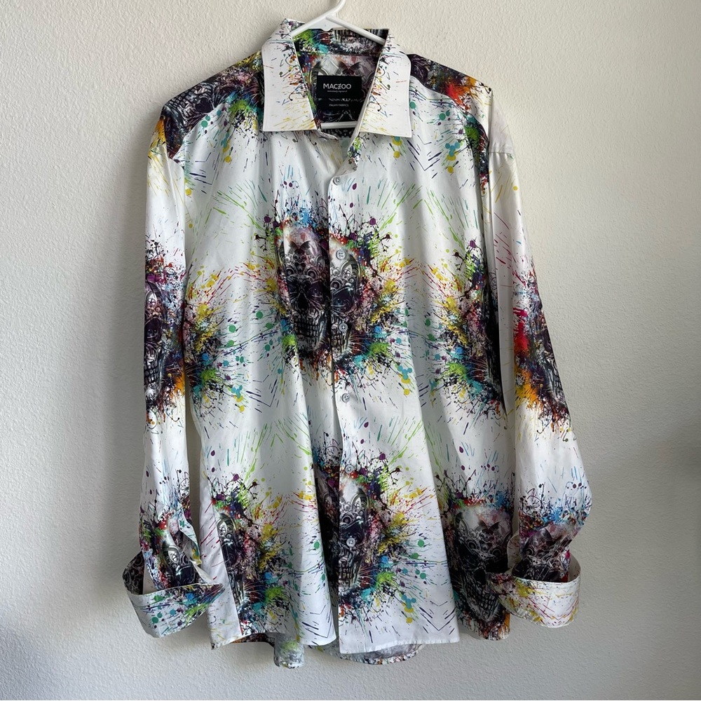 Maczoo Italian Fabric Skull Paint Splatter Button Down LS Shirt
